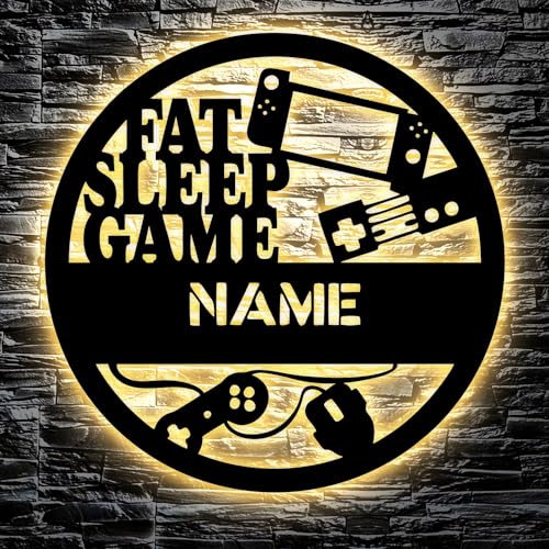 FAT SLEEP GAME Led Gaming Schild - Gamer Geschenkidee personalisiert Mit Name Zimmer Beleuchtung Wand Lampe - Zimmer Deko - Besondere Geschenke für Videospiel Fans - Jungs Männer Freund von LEON FOLIEN