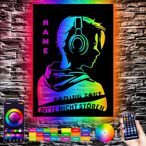 Gaming Zone - bitte nicht stören RGB Led Gaming Schild - Gamer Geschenkidee personalisiert Mit Name Wand Lampe - Zimmer Deko - Besondere Geschenke für Videospiel Fans - USB Bedienung über die App von LEON FOLIEN