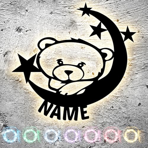 Teddy Bär auf Mond LED Nachtlicht mit Name personalisiert - Lampe Kinderzimmer Geschenk Deko lampe Schild - in 13 Farben von LEON FOLIEN