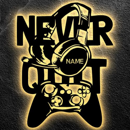 NEVER QUIT Led Gaming Schild - Gamer Geschenkidee personalisiert Mit Name Zimmer Beleuchtung Wand Lampe - Zimmer Deko - Besondere Geschenke für Videospiel Fans - Jungs Männer Freund von LEON FOLIEN