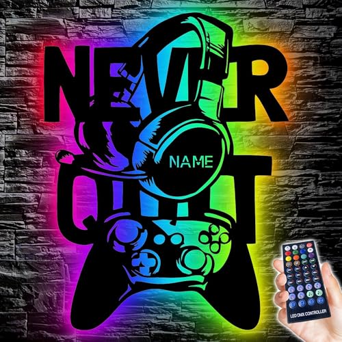 NEVER QUIT - RGB Led Gaming Schild - Gamer Geschenkidee personalisiert Mit Name Wand Lampe - Zimmer Deko - Besondere Geschenke für Videospiel Fans - USB Bedienung über die App von LEON FOLIEN