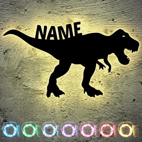 T Rex Dinosaurier Spielzeug Tier LED Deko , personalisiert mit Wunsch Namen - Schlummerlicht Nachtlicht für Kinderzimmer Geschenk - Dekoration Dino Geburtstag für Kinder - Wandlampe - in 13 Farben von LEON FOLIEN