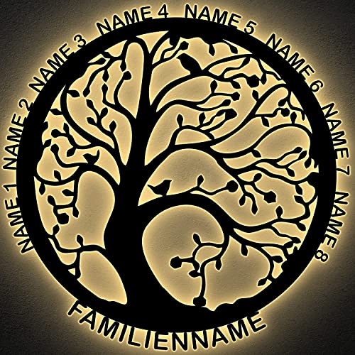 XXL - Led Lebensbaum Familie - Family - ich liebe meine Familie - Stammbaum - Geschenke - Deko Wand - bis 8 Namen & Familienname - Familiengeschenke - in 7 MDF Holzfarben & 7 LED -Farben von LEON FOLIEN