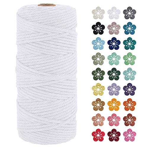 LEREATI Makramee Garn 3mm x 100m Weiß Baumwollkordel Natur Baumwollseil Farbig Baumwollgarn, Macrame Cord 3mm für DIY Geflochten, Makramee Deko, Hängepflanze, Wandbehang, Vorhang von LEREATI