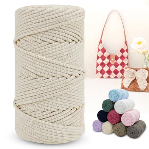 LEREATI Polyester Garn 150m Makramee Garn 4mm Geflochten Polyester-Seil Farbig Häkelgarn, Polyester Macrame Cord 4mm für Häkeltasche Umhängetasche Handtasche Geschenk Strickwaren (Off Weiß) von LEREATI