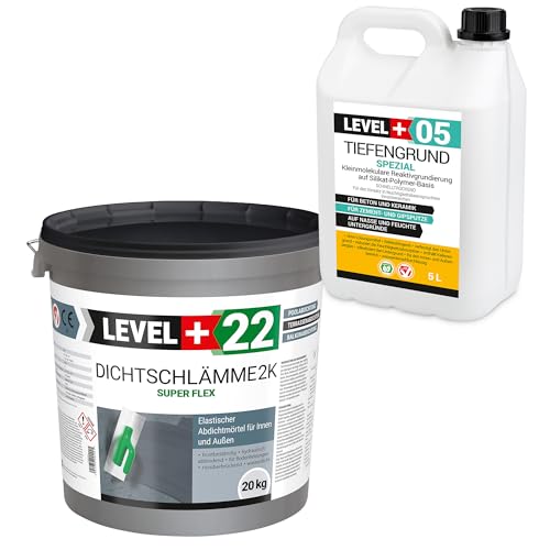 Dichtschlämme 2K Super Flex Set 20kg + 5L Tiefengrund, Hochelastische Abdichtung für Innen und Außen L+22, Schwimmbad, Terrasse, Balkone, Pool, Dusche Dichtschlämme 2K Super Flex Set 20kg + 5L Tiefengrund, Hochelastische Abdichtung für Innen und Außen L+22, Schwimmbad, Terrasse, Balkone, Pool, Dusche von LEVEL+
