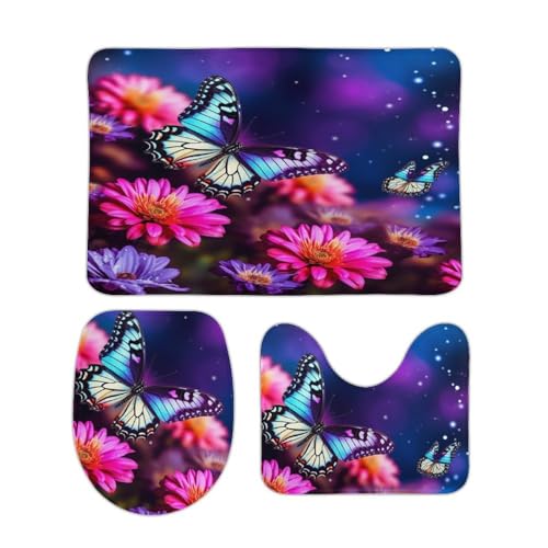LFDSYEOQ Badezimmerteppich Schmetterling Schöne Blumen 3 Stück Badezimmer Teppiche Badeset Rutschfest Ultra Weich Teppich Matten Saugfähig mit U-Form WC für WC Badvorleger Set von LFDSYEOQ