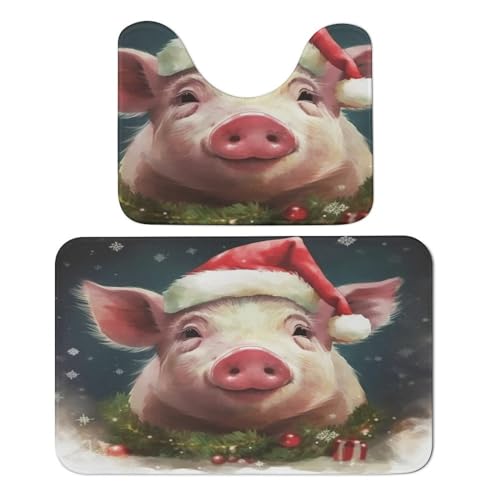 LFDSYEOQ Badezimmerteppich Weihnachten Schwein 2 Stück Badezimmer Teppiche Badeset Rutschfest Ultra Weich Teppich Matten Saugfähig mit U-Form WC für WC Badvorleger Set von LFDSYEOQ