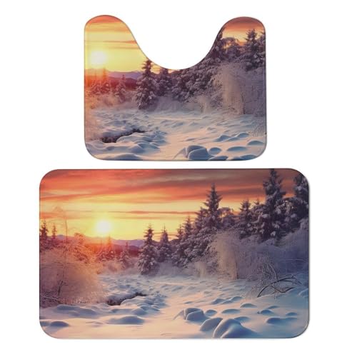 LFDSYEOQ Badezimmerteppich Winter Schnee Sonnenuntergang Landschaft 2 Stück Badezimmer Teppiche Badeset Rutschfest Ultra Weich Teppich Matten Saugfähig mit U-Form WC für WC Badvorleger Set von LFDSYEOQ