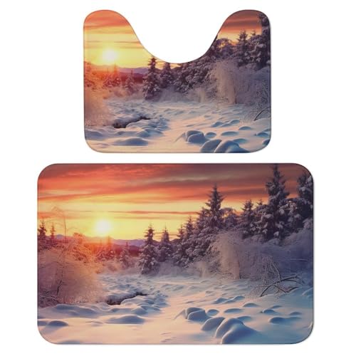 LFDSYEOQ Badezimmerteppich Winter Schnee Sonnenuntergang Landschaft 2 Stück Badezimmer Teppiche Badeset Rutschfest Ultra Weich Teppich Matten Saugfähig mit U-Form WC für WC Badvorleger Set von LFDSYEOQ