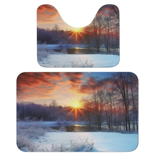 LFDSYEOQ Badezimmerteppich Winter Sonnenaufgang Sonnenuntergang Landschaft 2 Stück Badezimmerteppiche Badeset Rutschfest Ultra Weich Teppich Matten Saugfähig mit U-Form WC für WC Badematte Set von LFDSYEOQ