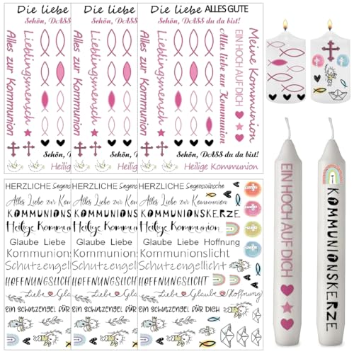 6 Stück Kerzentattoos Kommunion, Sticker Taufe, Sticker Kommunion, Aufkleber Konfirmation, Fisch Sticker, Schiebefolie für Kerzen Tasse DIY Geschenk, für Taufe Deko（Mädchen） von LGZIN