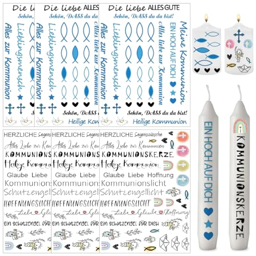 6 Stück Kerzentattoos Kommunion, Sticker Taufe, Sticker Kommunion, Aufkleber Konfirmation, Fisch Sticker, Schiebefolie für Kerzen Tasse DIY Geschenk, für Taufe Deko (Jungen) von LGZIN