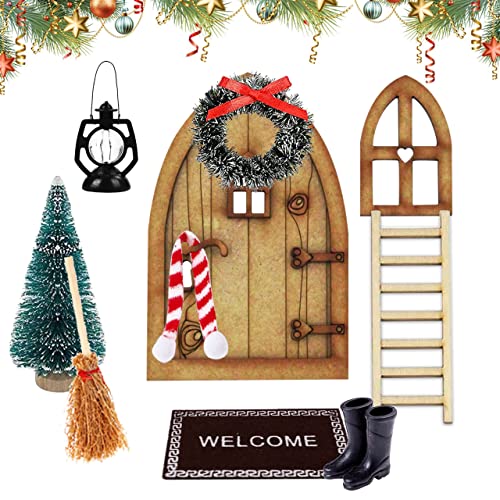 LGZIN Wichteltür Weihnachten Set, 10 Stück Weihnachtswichtel Tür Set, Miniatur Wichtel Tür Weihnachten mit Fenster, Stiefel, Teppich, Öllampe, Kranz, Holzleiter, Besen, Weihnachten Puppenhaus Zubehör von LGZIN