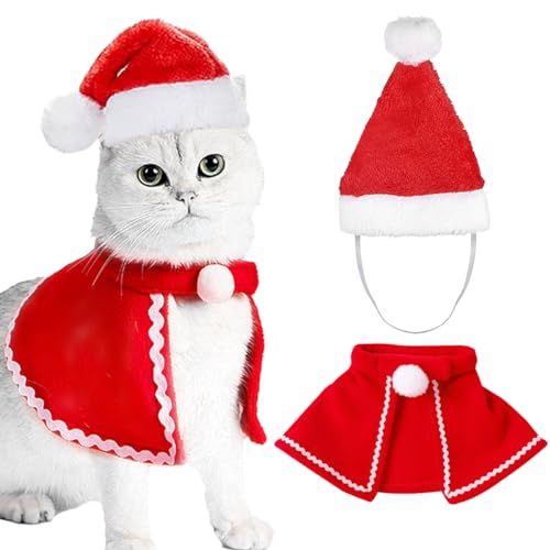 Weihnachtskostüm für Katzen, Haustier Kostüm Weihnachten Kleidung, Hundekostüm Weihnachten, Weihnachtsmütze und Umhänge, Verstellbarer Kragen, Geeignet für Kleine bis Große Hunde, Katzen (L, Rot) von LGZIN