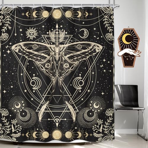 LGhtyro Duschvorhang mit Goldener Motte, 152 x 180 cm, Mondphase, Duschvorhang, Badezimmer-Set, Gothic, schwarzer Schmetterling, Mondlicht, Badevorhang, Hexe, Tarot, Halloween, Badewannenzubehör, von LGhtyro