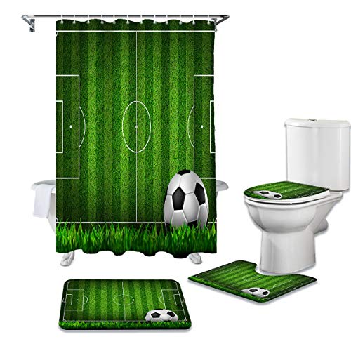 LHGBGBLN 4-teiliges Duschvorhang-Set Fußball Rasen wasserdicht Duschvorhang Set Bad Teppich Toilettensitz Kissen Bodenmatte von LHGBGBLN