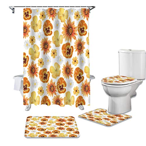 LHGBGBLN Badezimmer Wasserdichter Duschvorhang Aquarell Orange Blumen Sockelteppich Deckel Teppich Toilettenbezug Set Bad Vorhang Matte Set von LHGBGBLN