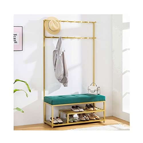 LHHL Garderobenständer Kleiderständer Mit Sitzbank Schuhablagen Und Haken Metall Garderobe Mit Gitterwand Viel Stauraum Flur Schlafzimmer Wohnzimmer (Color : Gold Green, Size : 80x35x175cm) von LHHL