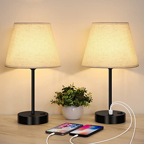LIANTRAL 2er-Set Nachttischlampen mit 2 USB-Anschlüsse, E27, Modern Tischleuchte Stoff Lampenschirm Metallbasis Nachtlicht Tischlampe für Schlafzimmer, Wohnzimmer, Büro von LIANTRAL
