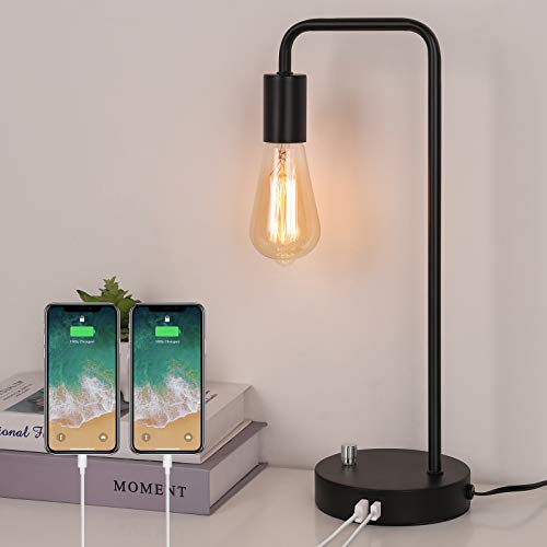 LIANTRAL Industrielle Nachttischlampe mit 2 USB-Anschlüsse, Modern Schwarz Metallbasis Tischlampe/Schreibtischlampe für Schlafzimmer, Wohnzimmer, Büro, 43,5H x 14B cm von LIANTRAL