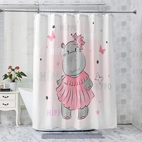 LICAPE Duschvorhang 180x180 cm, Duschvorhang Nilpferd, Karikatur Schmetterling Alphabet Duschvorhang mit 12 Plastik Haken, Badevorhang Waschbar Textil Shower Curtains für Dusche und Badewanne von LICAPE