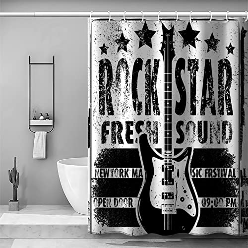 LICAPE Duschvorhang Rock n Roll, Duschvorhang 180x180 cm, Gitarre Schwarz und Weiß Duschvorhang mit 12 Plastik Haken, Badevorhang Waschbar Textil Shower Curtains für Dusche und Badewanne von LICAPE