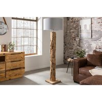 Unikat Standleuchte 160cm Modern Teak Holz Leinen - Natur, Hellgrau von LICHT-ERLEBNISSE