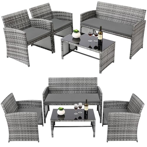 LIFERUN Polyrattan Gartenmöbel-Set, mit bequemen Sitzkissen, Doppelsofa, 2 x Sessel und Tisch aus gehärtetem Glas, Garten Rattan Tisch Set mit Auflagen von LIFERUN