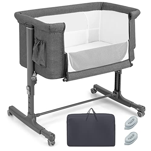 LIFEZEAL 3 in 1 Beistellbett, 5-stufig höhenverstellbares Babybett, Babywiege Stubenwagen mit Matratze, mobiler Reisebett auf Rollen mit Seitentasche und Tragetasche (Dunkelgrau) von LIFEZEAL