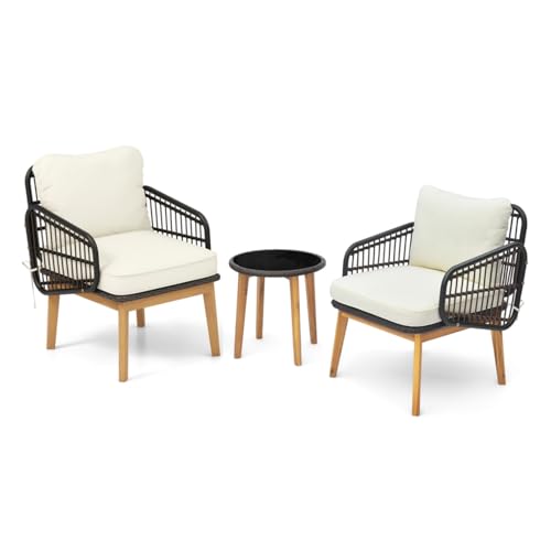 LIFEZEAL 3 teiliges Gartenmöbel-Set Rattan, 3-TLG. Bistroset aus Gartenstühlen & Beistelltisch, Balkonmöbel Holz aus Korbgeflecht mit waschbaren Kissen, Gartensitzgruppe Outdoor von LIFEZEAL