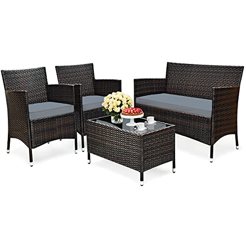 LIFEZEAL 4 TLG. Gartenmöbel Set, Polyrattan Gartenlounge mit Sitzkissen, Rattan Essgruppe & Sitzgruppe & Esstisch, Balkonmöbel Set für 4 Personen, für Balkon Garten Terrasse von LIFEZEAL