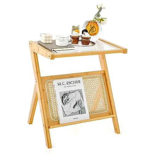 LIFEZEAL Beistelltisch Rattan, Glastisch Bambus mit L-Regal, Wohnzimmertisch Glas mit Zeitschriftenhalter, Sofatisch für Wohnzimmer, Schlafzimmer, 50 x 36 x 56 cm (Natur) von LIFEZEAL