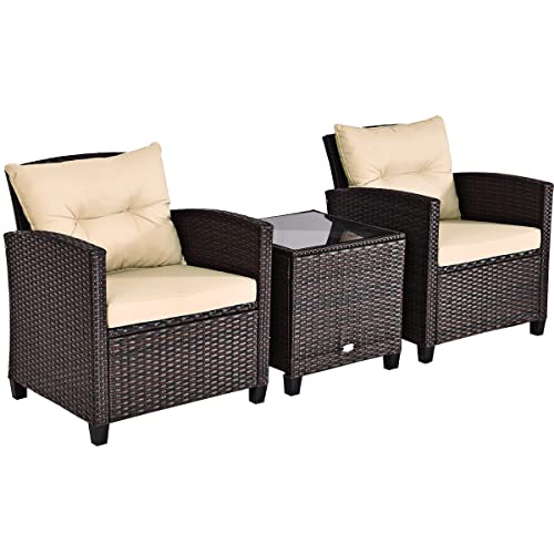 LIFEZEAL Gartenmöbel 3er Set, 2 Rattanstühle & Gartentisch aus PE-Rattan, Sofas & Couchtisch aus gehärtetem Glas, Sitzgruppe mit abnehmbaren Kissen für den Terrassen, Balkon, Garten (Khaki) von LIFEZEAL