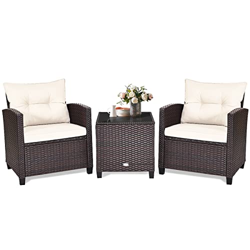 LIFEZEAL Gartenmöbel 3er Set, 2 Rattanstühle & Gartentisch aus PE-Rattan, Sofas & Couchtisch aus gehärtetem Glas, Sitzgruppe mit abnehmbaren Kissen für den Terrassen, Balkon, Garten (Beige) von LIFEZEAL