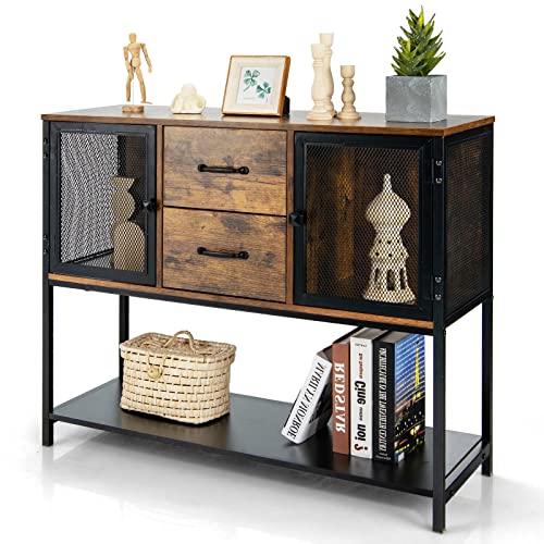 LIFEZEAL Sideboard im Industriestil, Küchenschrank mit 2 Schubladen und Metallnetzschränken, Buffets Konsolentisch 100x35x85cm, Schrank für Esszimmer, Küche, Flur, Wohnzimmer, Vintage Braun von LIFEZEAL