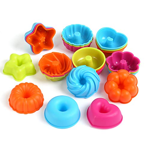 LIHAO 24 x Muffinförmchen Silikon Mini Gugelhupfform Kuchenform Klein Wiederverwendbar Backform Cupcake Stern Blume Herz Savarin für Kuchen Dessert Schokolade (6 Formen) von LIHAO