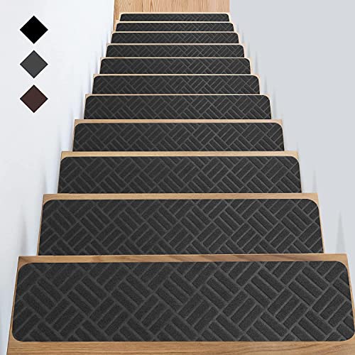 Anti-Rutsch Teppich Stufenmatten Indoor 15 Stück Treppenteppich für Holzstufen Stufenteppich Treppenmatten Spezialisiert für Kinder, Senioren Und Hunde 76x20 cm (Schwarz Streifen,Set of 15 Treads) von LINGKY