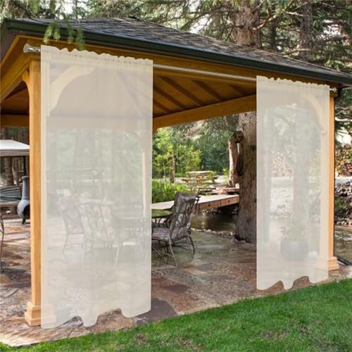 LINGKY Outdoor Vorhang Wetterfest Transparent Sonnenschutz Outdoorvorhänge Wasserdicht Voile Vorhang Outdoor Gardinen 2 Stück für Terrassentür Pavillon Veranda (B132xH240cm,Elfenbein) von LINGKY