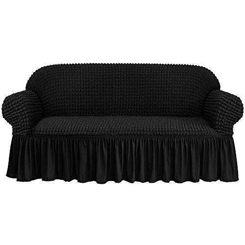 LINGKY Universelle Sofabezüge, Polyester-Spandex-Gewebe 1 2 3 4-Sitzer-Schonbezug-Sofabezüge, Elastischer Sofabezug, Mit Extra Großem Rock (Schwarz,3 Sitzer/Sofa) von LINGKY