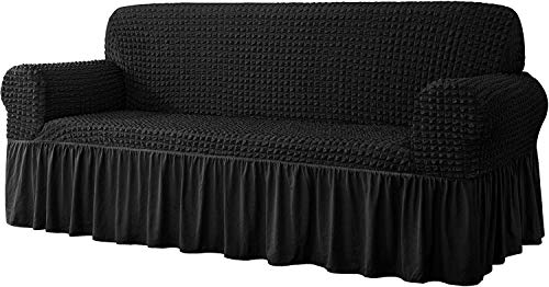 LINGKY Universelle Sofabezüge, Polyester-Spandex-Stoff 1 2 3 4-Sitzer-Bezugsbezüge, elastischer, vollständig bezogener Sofabezug mit extra großem Rock (Schwarz,3 Sitzer/Sofa) von LINGKY