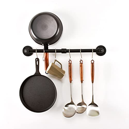 LINKPIPES Rohr Topf Pan Rack Wandbefestigte industrielle Utensil Deckel Halter Kochgeschirr Aufhänger Küche Organizer Hängende Bar Schiene mit S Haken (24 Inch, Schwarz) von LINKPIPES