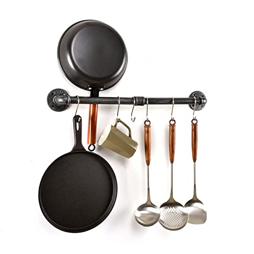 LINKPIPES Rohr Topf Pan Rack Wandbefestigte industrielle Utensil Deckel Halter Kochgeschirr Aufhänger Küche Organizer Hängende Bar Schiene mit S Haken (24 Inch, Schwarz Grau) von LINKPIPES