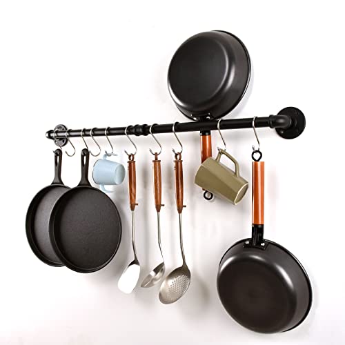 LINKPIPES Rohr Topf Pan Rack Wandbefestigte industrielle Utensil Deckel Halter Kochgeschirr Aufhänger Küche Organizer Hängende Bar Schiene mit S Haken (36 Inch, Schwarz) von LINKPIPES