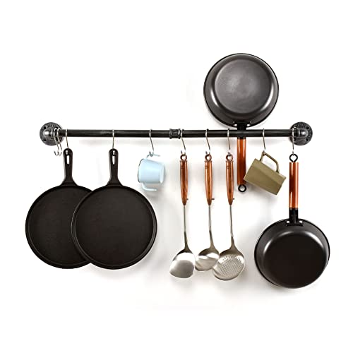 LINKPIPES Rohr Topf Pan Rack Wandbefestigte industrielle Utensil Deckel Halter Kochgeschirr Aufhänger Küche Organizer Hängende Bar Schiene mit S Haken (36 Inch, Schwarz Grau) von LINKPIPES