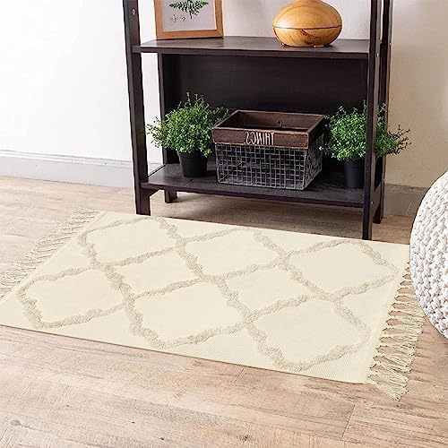 LINROMIA Teppich Klein 60x90 cm, Boho Beige Getuftet Baumwollteppich mit Gewebt Quasten, Waschbarer Teppich für Badezimmer Küche Wohnzimmer Schlafzimmer Flur Esszimmer von LINROMIA