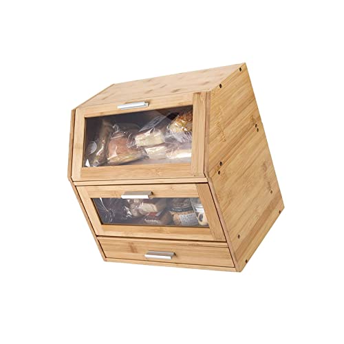 LITAITAI 2-lagige große Brotbox für Küchenarbeitsplatte, Bambus-Brotkasten, Holzbrotboxen mit Fenster und Lüftungsschlitzen, doppelt trennbarer Brot-Organizer, Besteckkasten, Speisekammerregal von LITAITAI