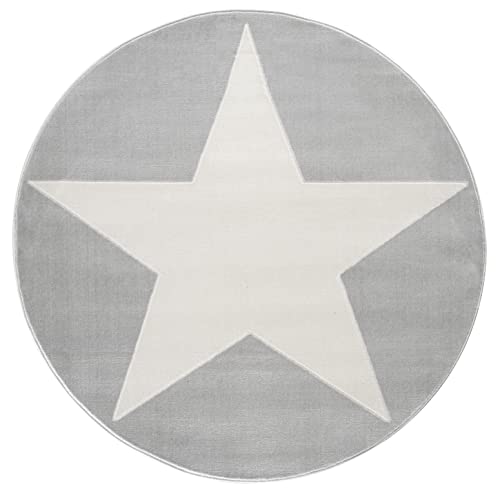 LIVONE Happy Rugs for Kids Kinderteppich Kinderzimmer Babyteppich Modern mit großem Stern in Silber grau Weiss Grösse 133 cm rund von LIVONE Happy Rugs for Kids