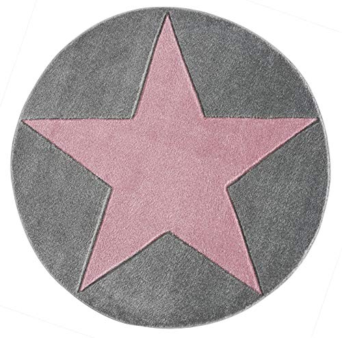 LIVONE Happy Rugs for Kids Kinderteppich Kinderzimmer Babyteppich Modern mit großem Stern in Silber grau rosa Grösse 133 cm rund von LIVONE Happy Rugs for Kids