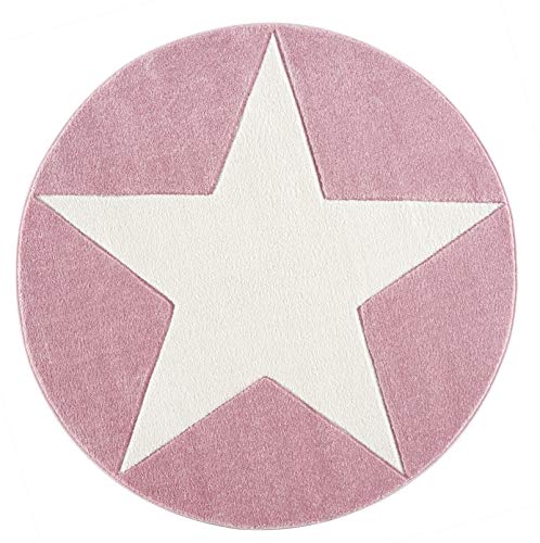 LIVONE Happy Rugs for Kids Kinderteppich Kinderzimmer Babyteppich Modern mit großem Stern in rosa Weiss Grösse 133 cm rund von LIVONE Happy Rugs for Kids